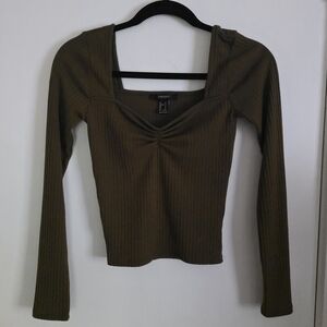 Forever 21 Ribbed Olive Long Sleeve Crop Top with Plunge Neckline